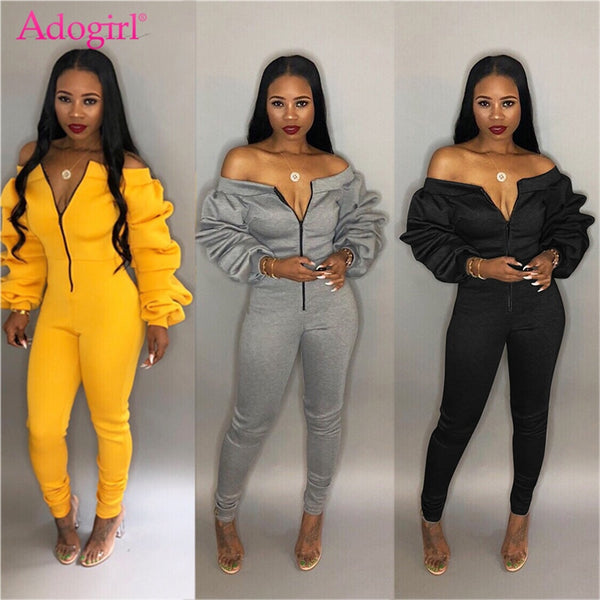 Adogirl Autumn Women Casual Jumpsuit Zipper Slash Neck Off Shoulder Long Puff Sleeve Thick Romper Fashion Overalls Female Jumper