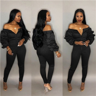 Adogirl Autumn Women Casual Jumpsuit Zipper Slash Neck Off Shoulder Long Puff Sleeve Thick Romper Fashion Overalls Female Jumper