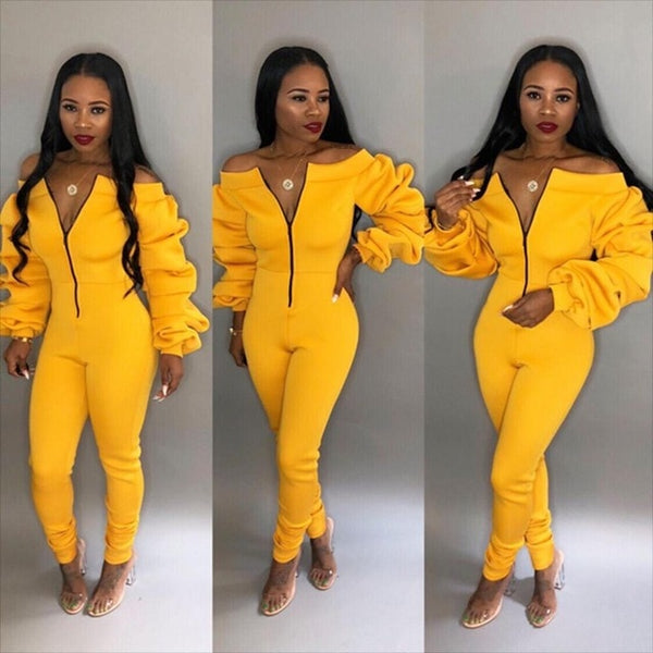 Adogirl Autumn Women Casual Jumpsuit Zipper Slash Neck Off Shoulder Long Puff Sleeve Thick Romper Fashion Overalls Female Jumper