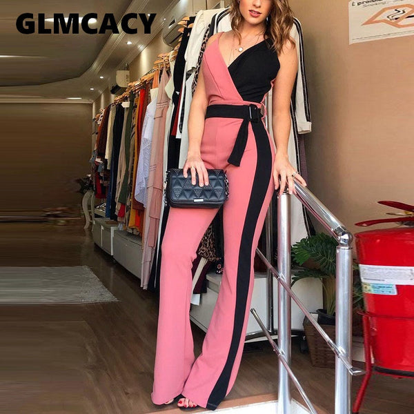 Women Summer Casual Color Block Jumpsuits Spaghetti Strap Sexy V Neck Belted Jumpsuit Overalls Elegant Chic Streetwear