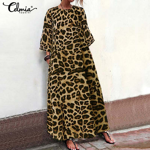 Celmia 2019 Fashion Women Leopard Print Maxi Long Dress Casual Beach Party Dress Loose Vintage Holiday Vestidos Plus Size S-5XL