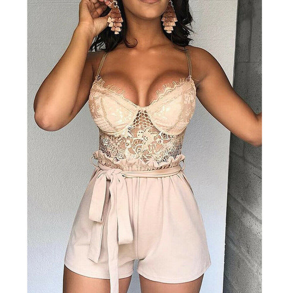 Women Holiday Strap Mini Playsuit Summer Lace Camisole V Neck Sleeveless Playsuit Sexy Shorts Jumpsuit Club Clothes