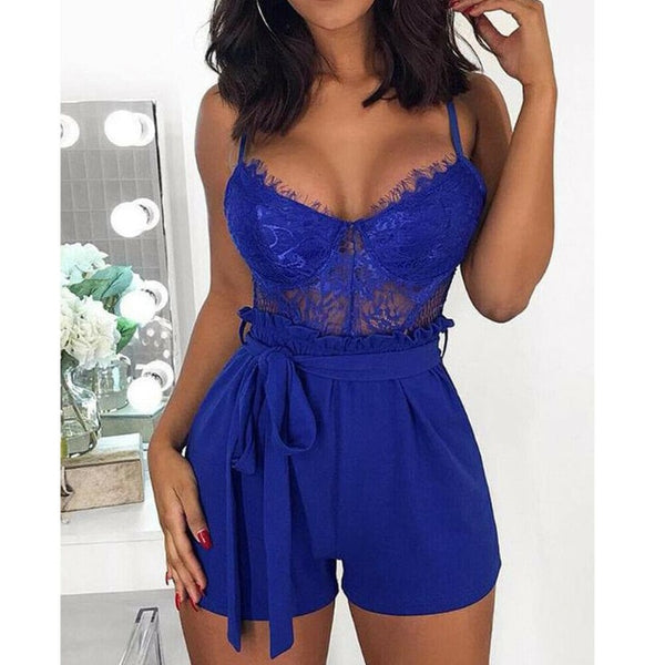 Women Holiday Strap Mini Playsuit Summer Lace Camisole V Neck Sleeveless Playsuit Sexy Shorts Jumpsuit Club Clothes