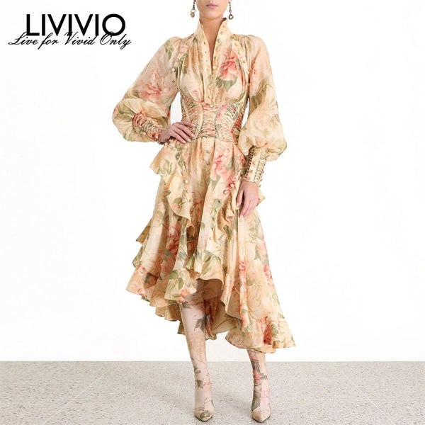 [LIVIVIO] Print Vintage Women's Dress Stand Neck Lantern Sleeve High Waist Belt Ruffles Irregular Midi Dresses Female 2019