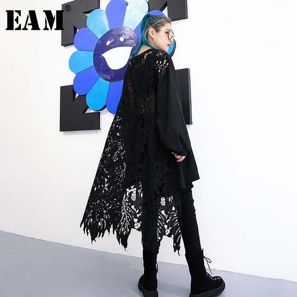 [EAM] 2019 New Autumn Winter Round Neck Long Sleeve Black Lace Hollow Out Irregular Loose Big Size Dress Women Fashion JH587