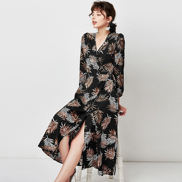 Women V Neck Sexy Split Elegant Dress 2019 Vintage Floral Print Boho Long Dress Casual Lantern Sleeve Ladies Midi Dresses Robe