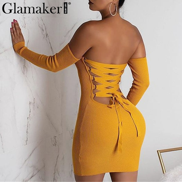 Glamake Sexy knitted off shoulder bodycon dress Women backless lace up mini dress elegant Female autumn party club dress vestido