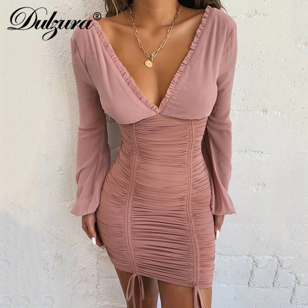 Dulzura 2019 autumn winter women mini dress long sleeve drawstring ruffle bodycon clothes party elegant dinner mesh bandage