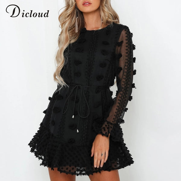 DICLOUD Sexy Pom Poms Women Black White Party Dresses 2019 Autumn Winter Long Sleeve Boho A Line Ruffle Dress With Waist Tie