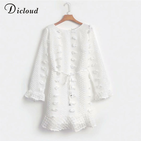 DICLOUD Sexy Pom Poms Women Black White Party Dresses 2019 Autumn Winter Long Sleeve Boho A Line Ruffle Dress With Waist Tie
