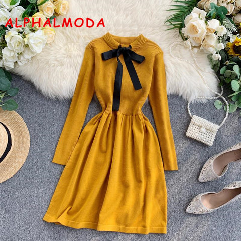 ALPHALMODA 2019 Autumn Butterfly Tie Knitted Long-sleeved Dress Women Sweet Slender Waist Preppy Style Knitting Bottom Dress