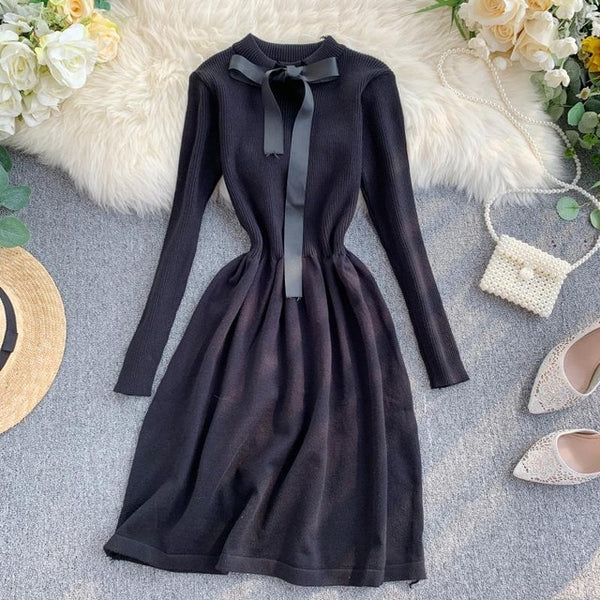 ALPHALMODA 2019 Autumn Butterfly Tie Knitted Long-sleeved Dress Women Sweet Slender Waist Preppy Style Knitting Bottom Dress