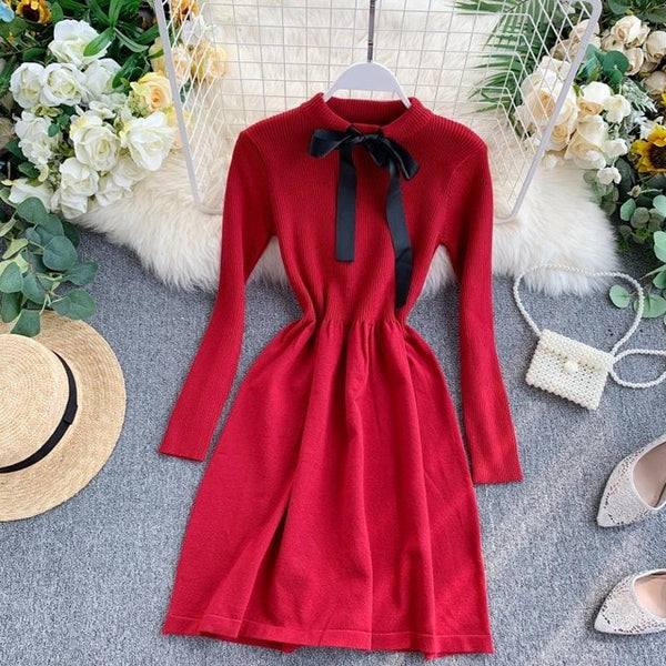 ALPHALMODA 2019 Autumn Butterfly Tie Knitted Long-sleeved Dress Women Sweet Slender Waist Preppy Style Knitting Bottom Dress