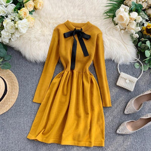 ALPHALMODA 2019 Autumn Butterfly Tie Knitted Long-sleeved Dress Women Sweet Slender Waist Preppy Style Knitting Bottom Dress