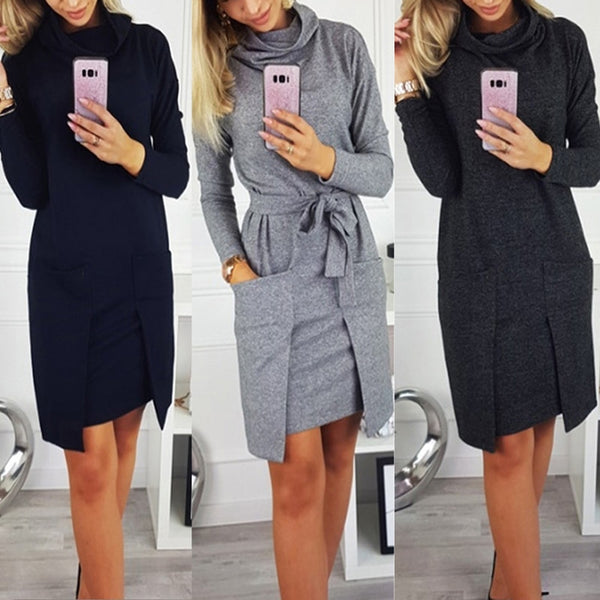 Autumn Winter Women Fashion Elegant  Neck Long Sleeve Big Pocket  Tops Ladies Female Large Big Solid Color  Blouse Dress