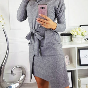 Autumn Winter Women Fashion Elegant  Neck Long Sleeve Big Pocket  Tops Ladies Female Large Big Solid Color  Blouse Dress