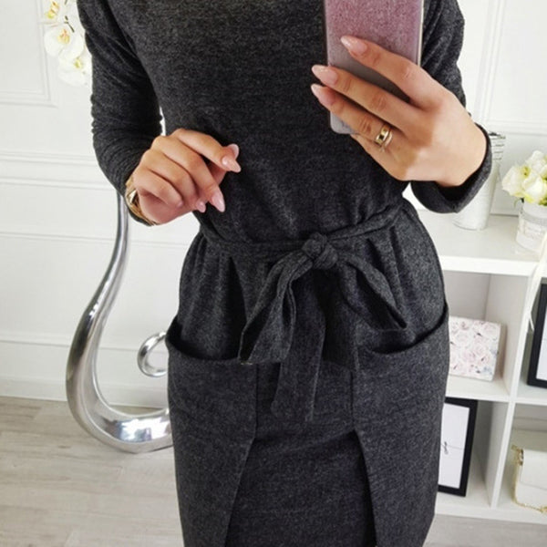 Autumn Winter Women Fashion Elegant  Neck Long Sleeve Big Pocket  Tops Ladies Female Large Big Solid Color  Blouse Dress