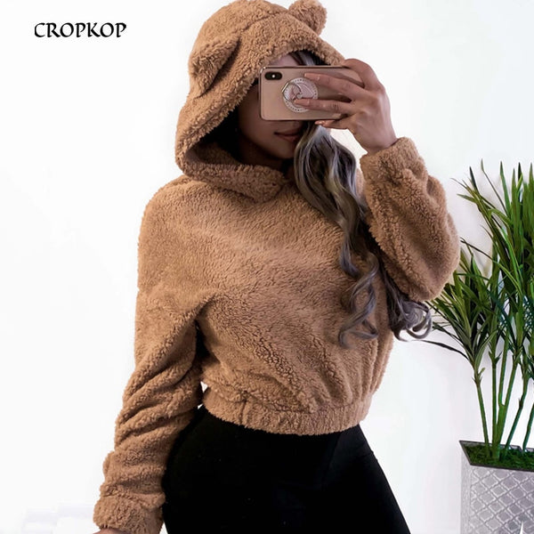 Hoodie Sweatshirt With Ears Crop Top Short Women Long Sleeve Pullovers New White Autumn Winter Teddy Plush Warm Ladies Clothing