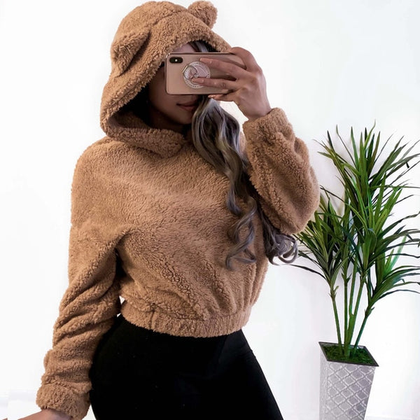 Hoodie Sweatshirt With Ears Crop Top Short Women Long Sleeve Pullovers New White Autumn Winter Teddy Plush Warm Ladies Clothing