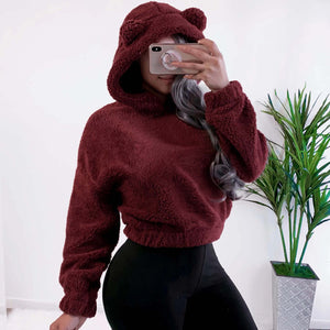 Hoodie Sweatshirt With Ears Crop Top Short Women Long Sleeve Pullovers New White Autumn Winter Teddy Plush Warm Ladies Clothing