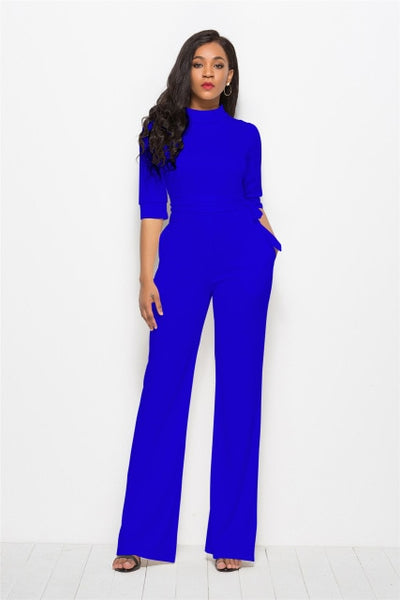 Stand Collar Half Sleeve Autumn Jumpsuit Wide Leg Casual Slim Women's Overalls Elegant Bandage Office Lady Pockets Plus Size 3XL