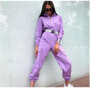 Women's New Zipper Half Stand Collar Big Pocket Loose Jumpsuits with Belt Women Casual Go Out Sport Overalls Purple Playsuits