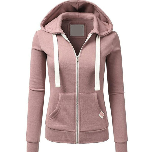 Harajuku Women Pink Hoodies Sweatshirt Fashion Zipper Pocket Hooded Jacket Outwear Ladies Solid Slim Pullover Clothes Moletom