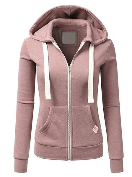 Harajuku Women Pink Hoodies Sweatshirt Fashion Zipper Pocket Hooded Jacket Outwear Ladies Solid Slim Pullover Clothes Moletom