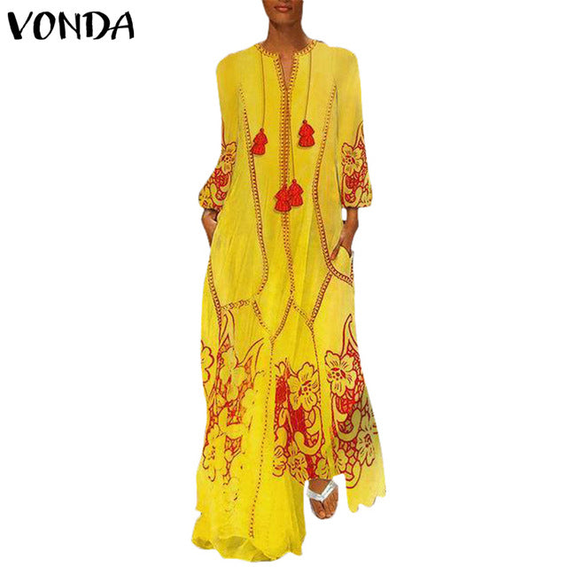 VONDA Womens Bohemian Maxi Long Dress Sexy V Neck Long Sleeve Printed Dresses Plus Size Vestidos 5XL Casual Loose Party Sundress