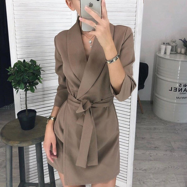 Women Vintage Sashes A-line Party Mini Dress Long Sleeve Turn Down Collar Solid Elegant Casual Dress 2019 Winter Fashion Dress