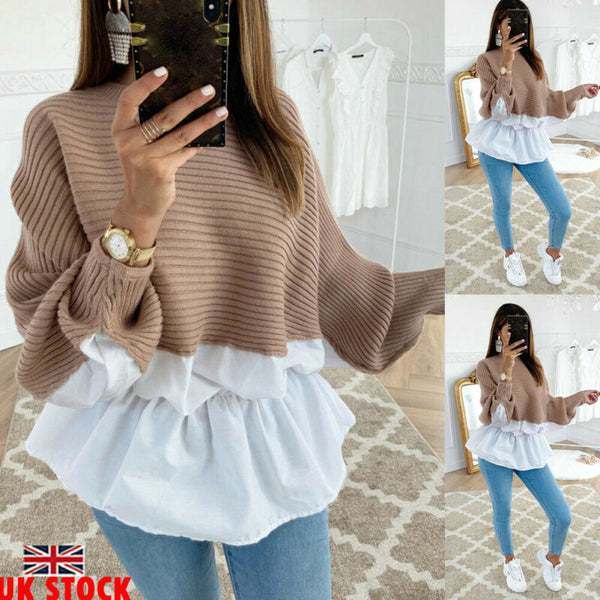 Women Knit Batwing Sleeve Patchwork Fake two pieces Sweatshirt Pullover Elastic Waist Tops Ladies Casual Loose Sweater