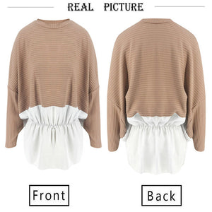 Women Knit Batwing Sleeve Patchwork Fake two pieces Sweatshirt Pullover Elastic Waist Tops Ladies Casual Loose Sweater