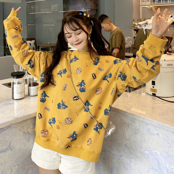 Autumn Korean Small Fresh Dinosaur Print Pullover Women Simple Casual Long Sleeve Cute Loose Round Collar Thin Sweatershirts