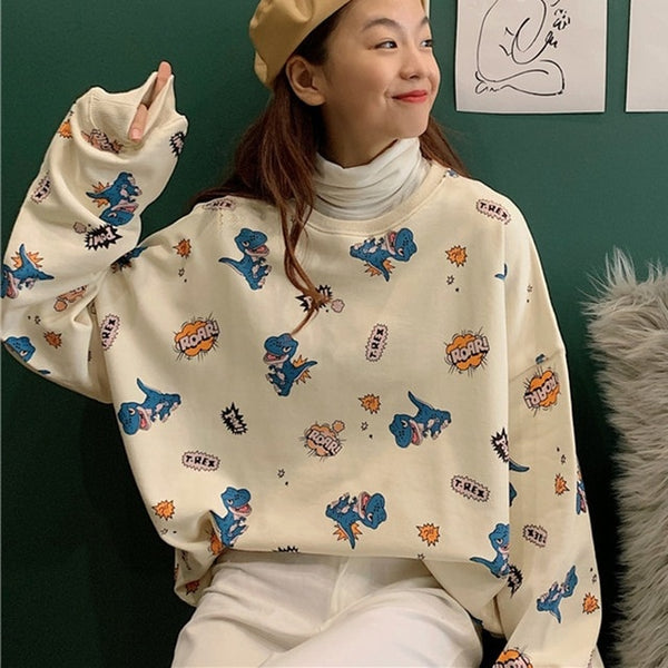 Autumn Korean Small Fresh Dinosaur Print Pullover Women Simple Casual Long Sleeve Cute Loose Round Collar Thin Sweatershirts
