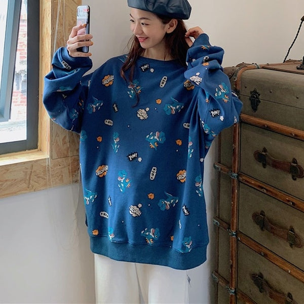 Autumn Korean Small Fresh Dinosaur Print Pullover Women Simple Casual Long Sleeve Cute Loose Round Collar Thin Sweatershirts