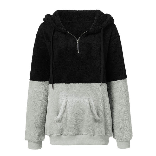 Winter Women Sweatshirt Female Hooded Stitching Velvet Sweater Top Hoodie Harajuku Hoodie  Female Black Colthes Oversize Hoodie