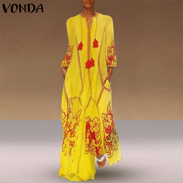 VONDA Womens Bohemian Maxi Long Dress Sexy V Neck Long Sleeve Printed Dresses Plus Size Vestidos 5XL Casual Loose Party Sundress