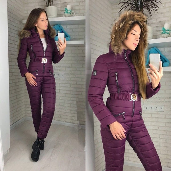 New Winter Hooded Jumpsuits Parka Elegant Cotton Padded Warm Sashes Ski Suit Straight Zipper One Piece Women Casual Tracksuits