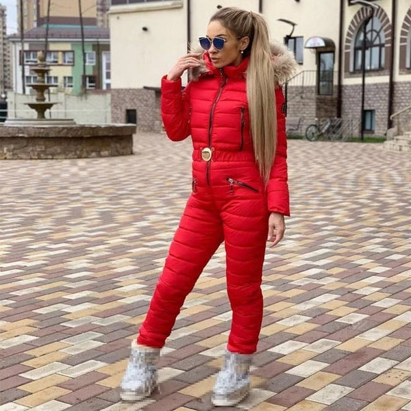 New Winter Hooded Jumpsuits Parka Elegant Cotton Padded Warm Sashes Ski Suit Straight Zipper One Piece Women Casual Tracksuits