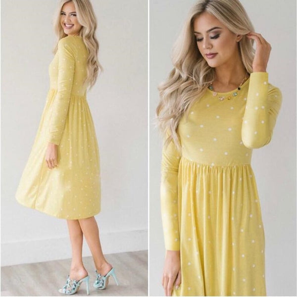 Pocket Elegant Knee-length Dress High Quality Autumn 2019 Casual Women Dress Long Sleeve O-neck Dot Printed Loose Dress Vestidos