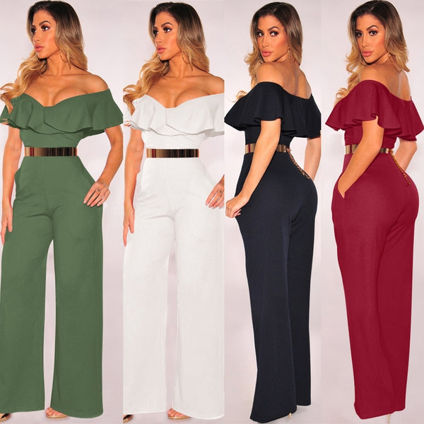 2019 New Autumn Women Jumpsuits Sexy Backless Hollow Out Sequined Sashes Rompers Femmle Black White Wide Loose Ruffled Jumpsuits