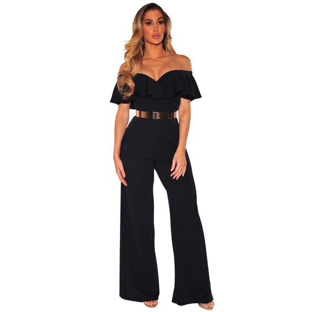 2019 New Autumn Women Jumpsuits Sexy Backless Hollow Out Sequined Sashes Rompers Femmle Black White Wide Loose Ruffled Jumpsuits