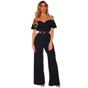 2019 New Autumn Women Jumpsuits Sexy Backless Hollow Out Sequined Sashes Rompers Femmle Black White Wide Loose Ruffled Jumpsuits