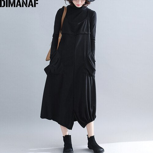 DIMANAF Plus Size Women Long Dress Thick Winter Lady Elegant Vestidos Sleeveless Loose Casual Female Big Pockets Irregular Dress