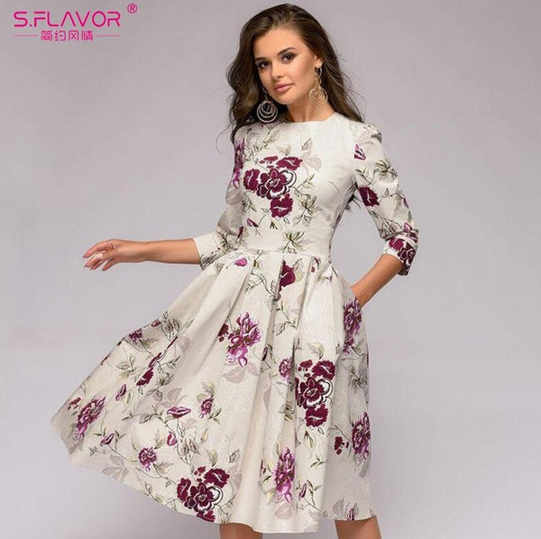S.FLAVOR Women Elegant A-line Dress 2019 Vintage printing party vestidos Three Quarter Sleeve women Slim Autumn Winter Dress