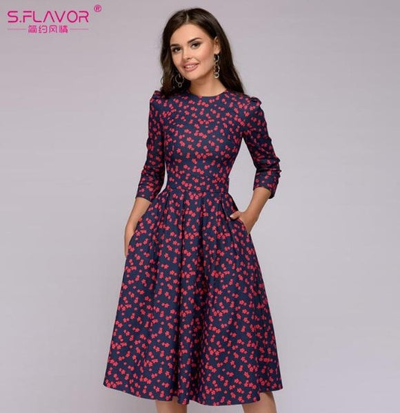 S.FLAVOR Women Elegant A-line Dress 2019 Vintage printing party vestidos Three Quarter Sleeve women Slim Autumn Winter Dress