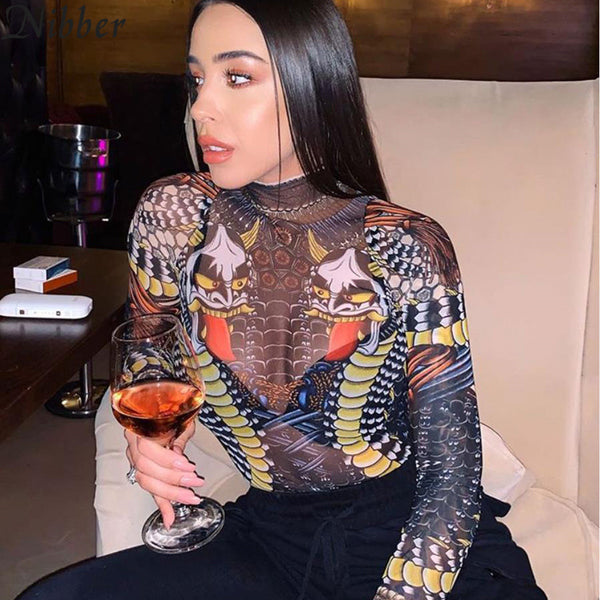 Nibber fashion Grotesque girl Mesh print bodysuit womens 2019spring summer Elegant club party full sleeve Street casual jumpsuit
