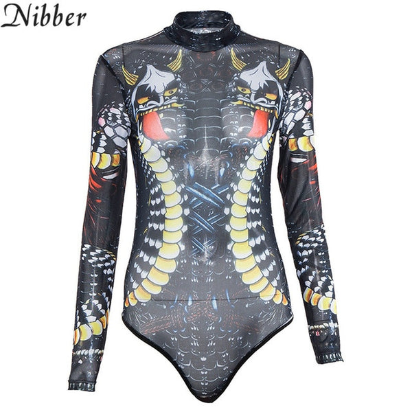 Nibber fashion Grotesque girl Mesh print bodysuit womens 2019spring summer Elegant club party full sleeve Street casual jumpsuit