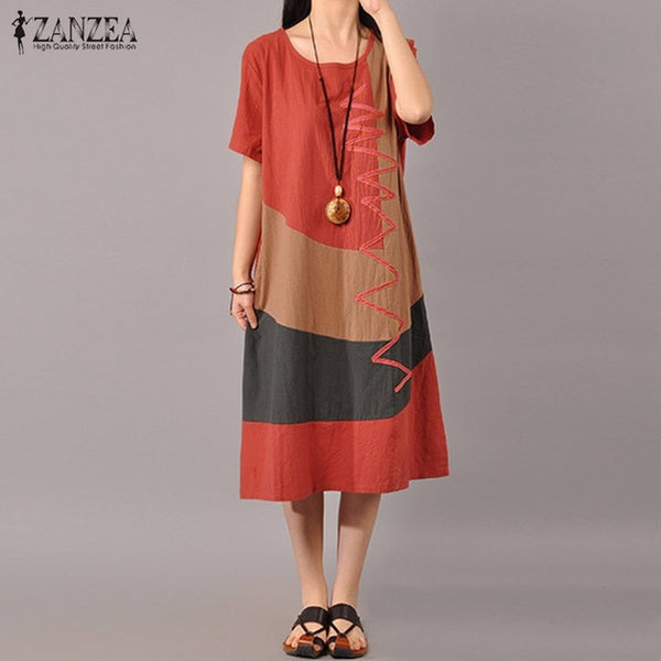 ZANZEA Women Dress 2019 Summer Short Sleeve Vestido Elegant Patchwork Casual Dresses Cotton Mid Calf Vestidos Sundress Plus Size