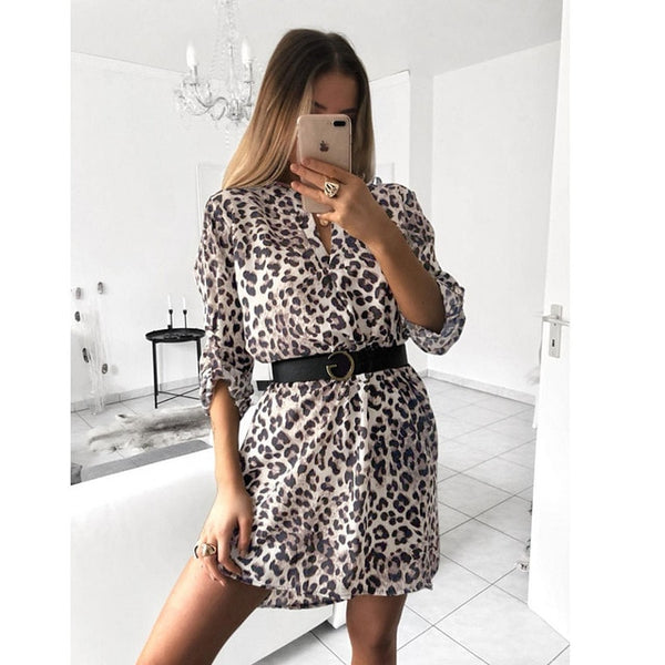 Women's Spring Sexy Leopard Dress Snake Print Striped Long Sleeve V-neck Feminine